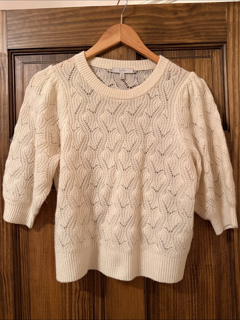Joie Ivory Open-Knit Puff Sleeve Crewneck Sweater